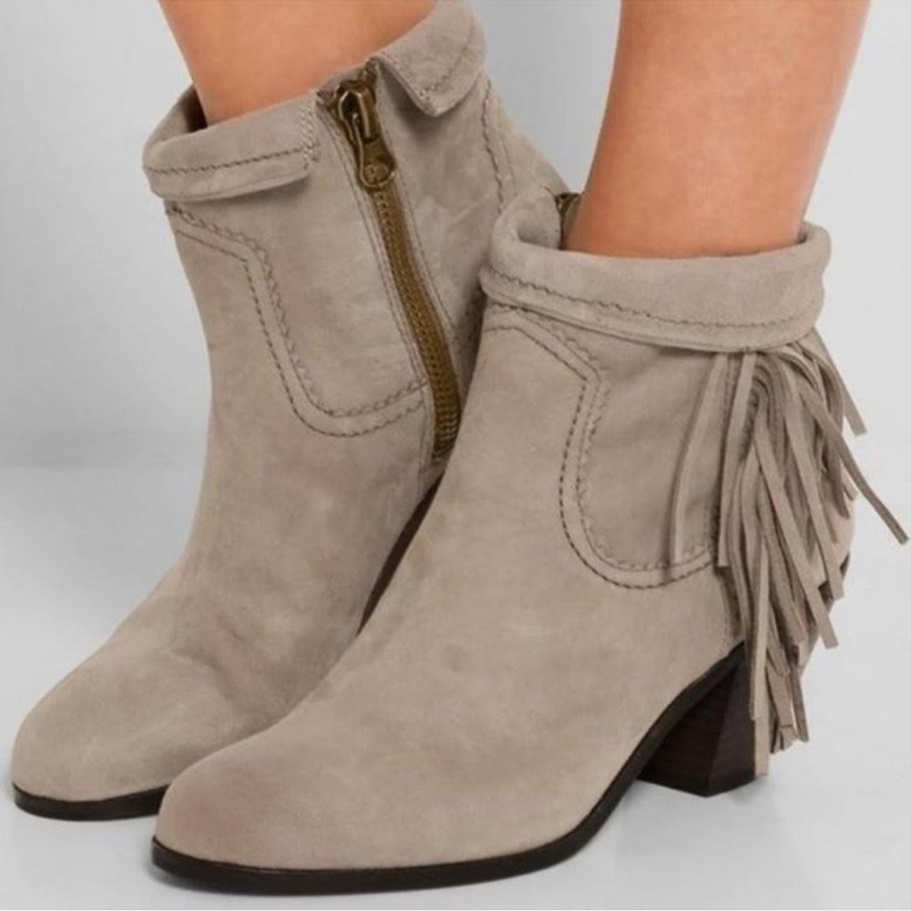 Sam Edelman Light Gray Suede Fringe Ankle Booties